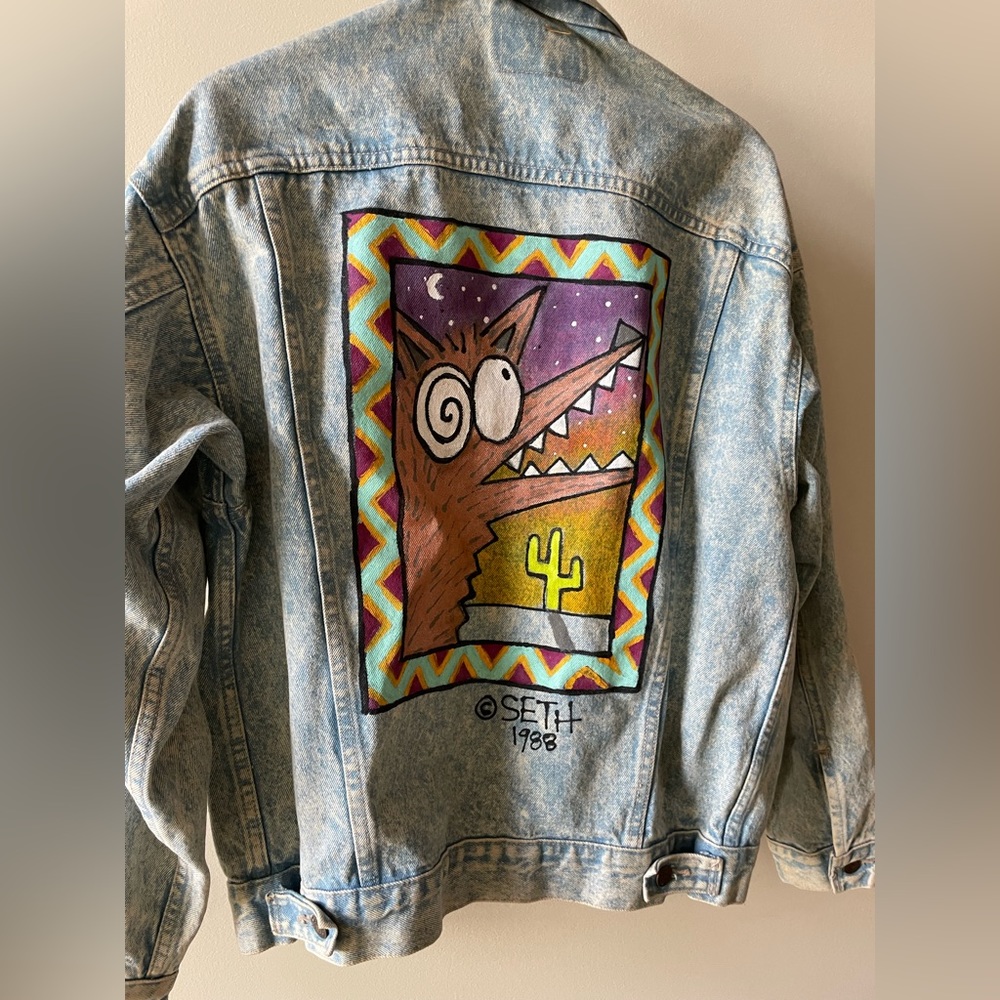 80s denim jacket hand painted by Seth! In 1988. Keith Haring, western style.
